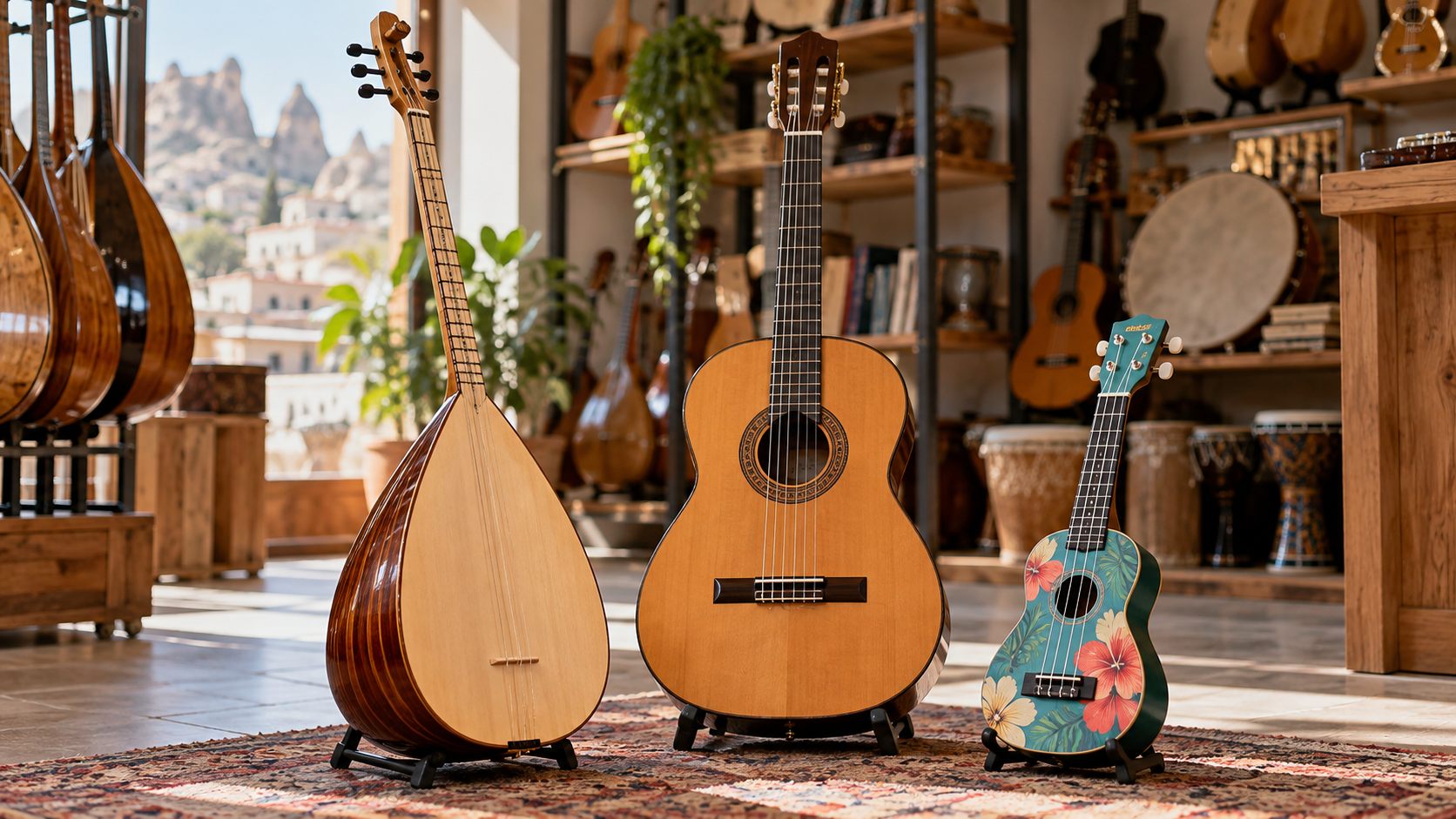 Nevşehir müzik mağazasında gitar, bağlama ve ukulele